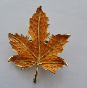 Vintage Gold Tone and Orange Leaf Brooch